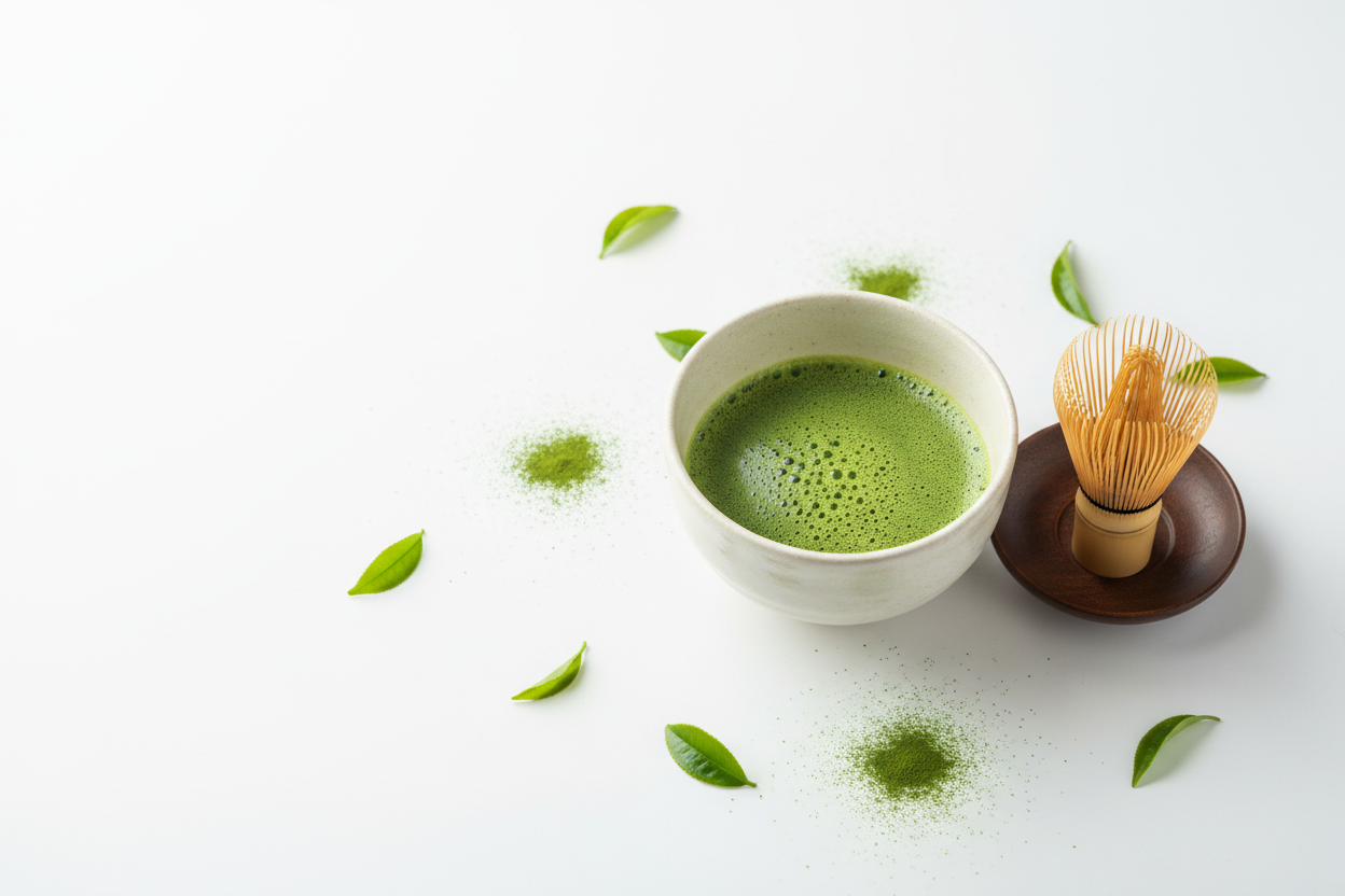 Erstelle ein Matcha Hintergrund headerbilder mit weissem hintergrund