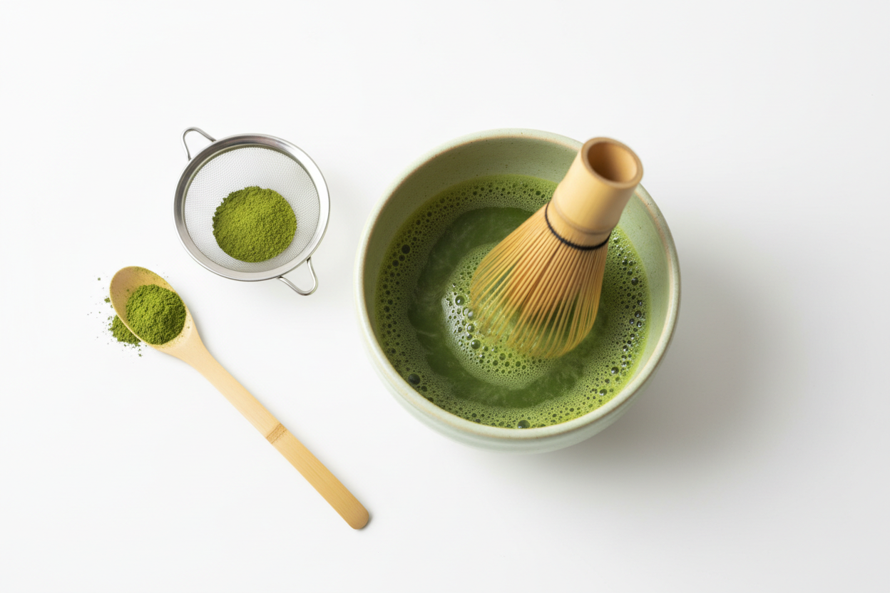 Minimalistische Aufnahme auf reinem weißen Hintergrund: eine Matcha‑Schale mit etwas warmem Wasser, daneben ein Bambusbesen (Chasen) in Bewegung, der feinen grünen Matcha‑Schaum erzeugt. Im Vordergrund ein kleines Sieb mit etwas Matcha‑Pulver und ein Bambuslöffel (Chashaku). Weiches, natürliches Licht, keine Schatten, keine Ablenkungen. Ruhige, klare Komposition, die den Zubereitungsprozess zeigt und ein harmonisches Matcha‑Ritual vermittelt.“